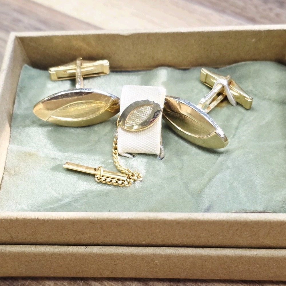 Cufflinks Tie Pin Set Retro Gold Brushed Raised Textured Vintage Men Formal Wear